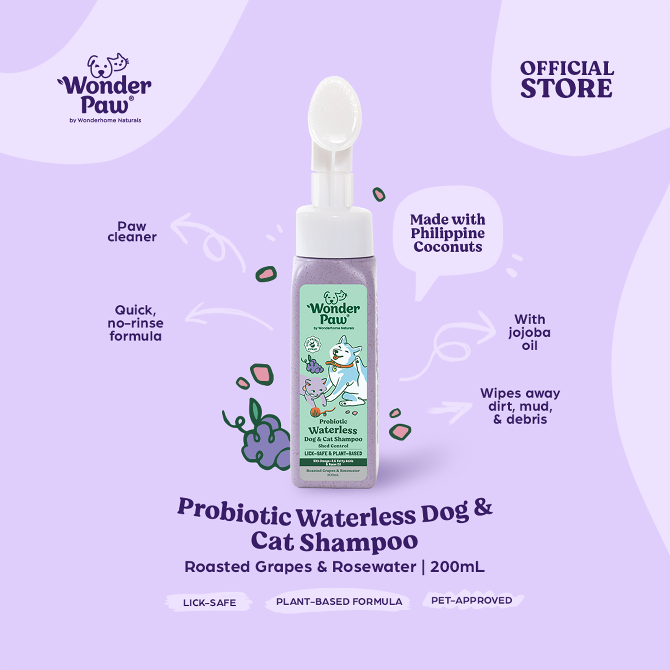 Wonderpaw Probiotic Waterless Dog & Cat Shampoo 200ML Roasted Grapes & Rosewater