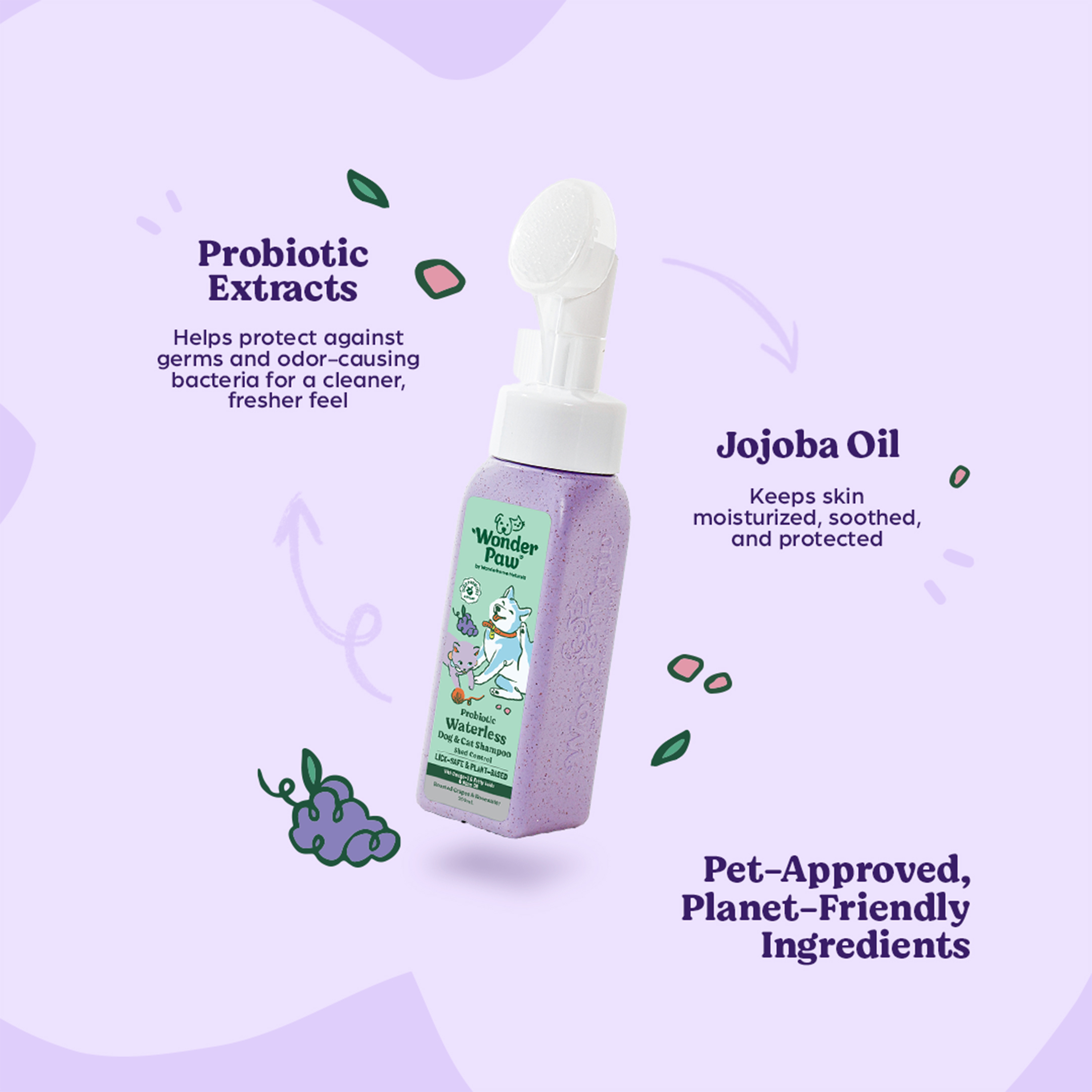 Wonderpaw Probiotic Waterless Dog & Cat Shampoo 200ML Roasted Grapes & Rosewater - Image 2