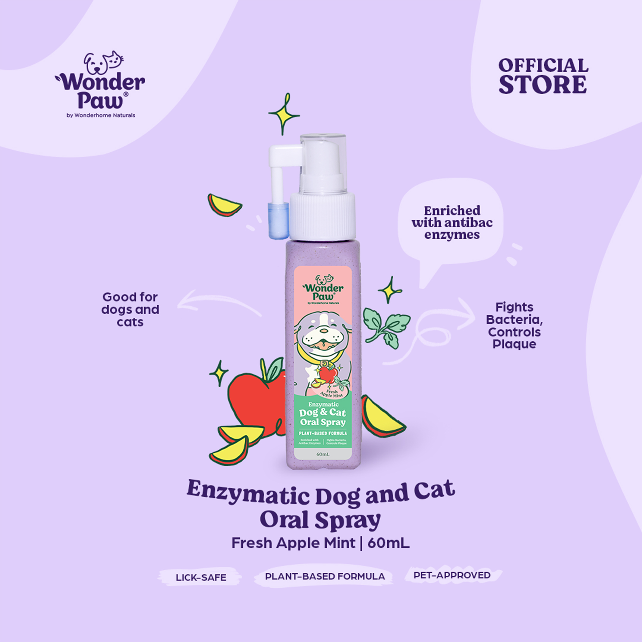 WonderPaw Enzymatic Dog and Cat Oral Spray Fresh Apple Mint 60ml